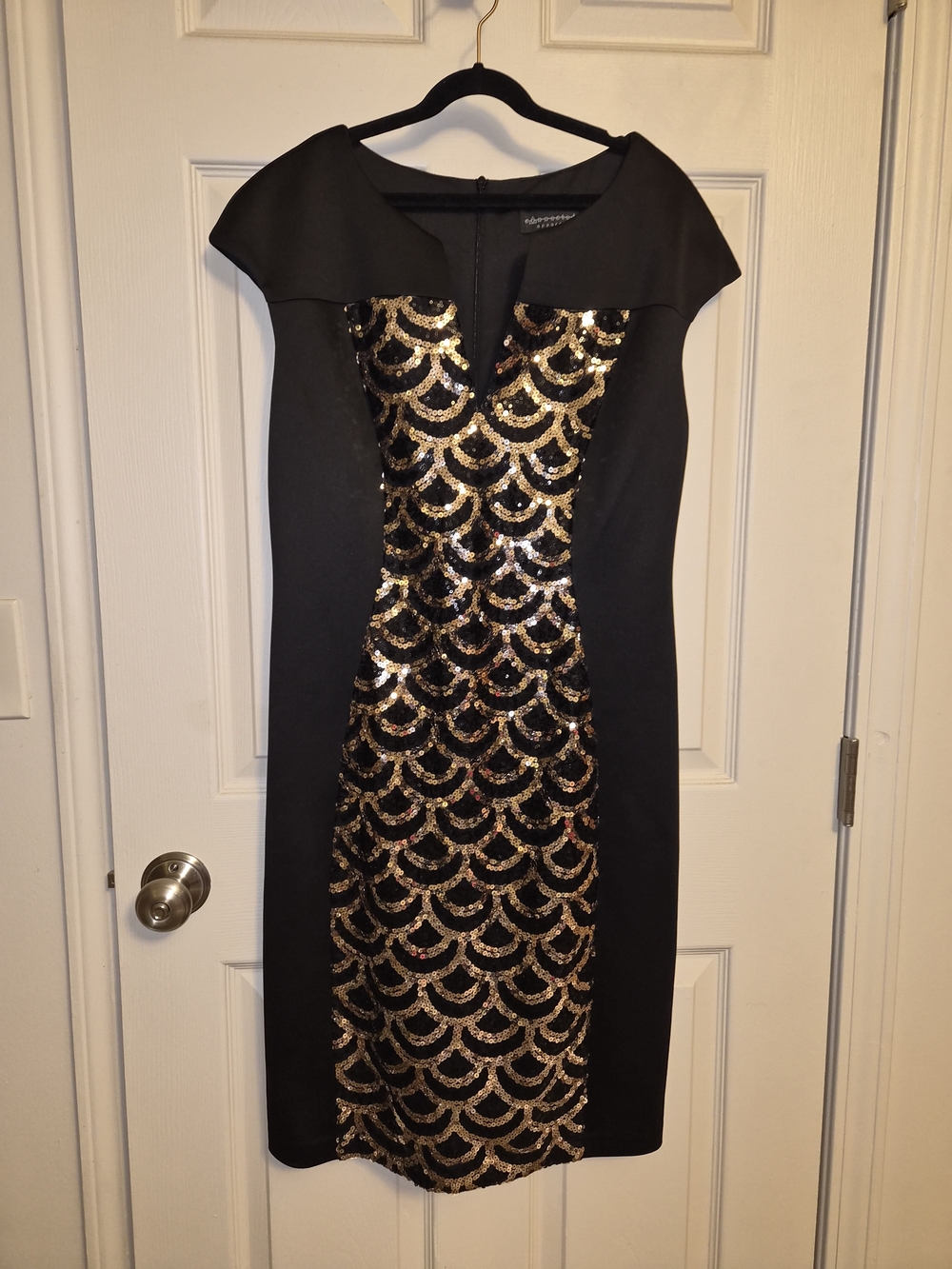 connected apparel Black Midi Dress with Gold Sequin Center